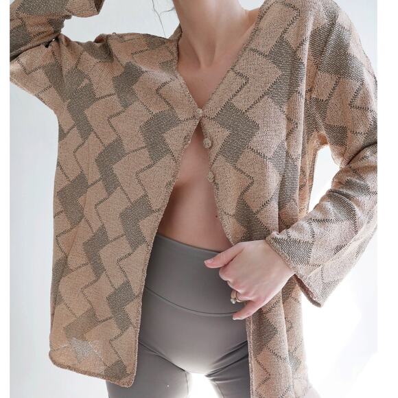 Vintage Sweaters - slinky knit blouse | funky y2k vintage chevron knit neutral collared L